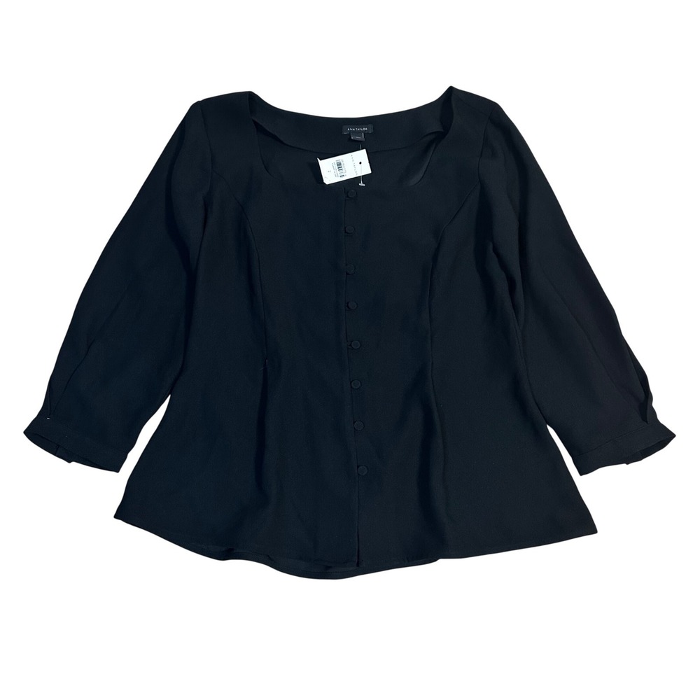 Ann Taylor Black Square Neck Button Front Peplum Blouse Size 2